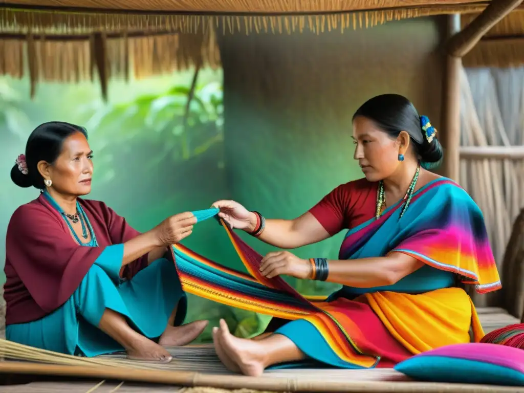 Grupo de mujeres mayas tejiendo textiles en aldea tradicional, destacando su rol económico en la sociedad maya