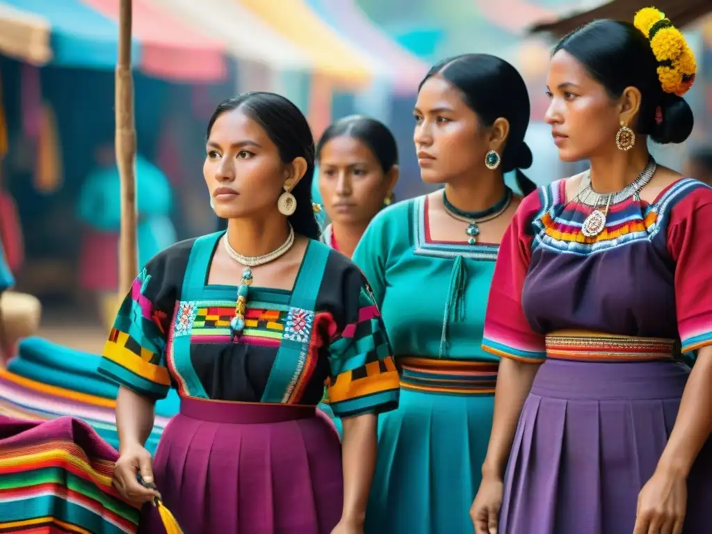 Grupo de mujeres mayas tejiendo textiles tradicionales en mercado colorido, reflejando comercio cultural