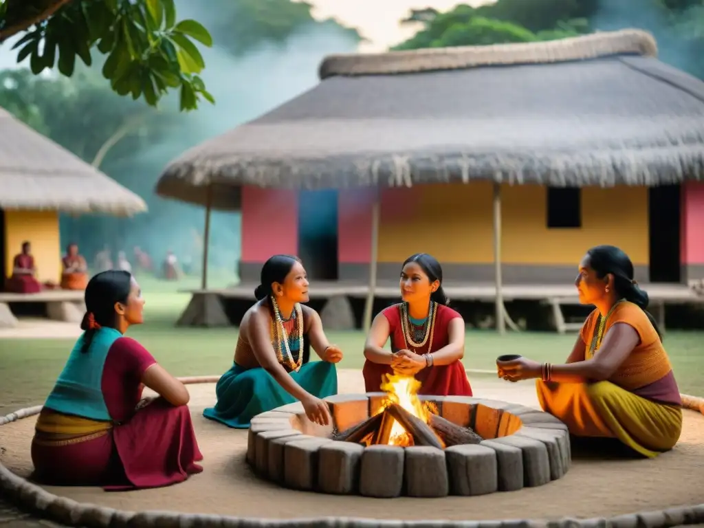 Reunión de Mujeres Mayas: Comunidad y Cultura en 8K Grupo de mujeres mayas en tradicional atuendo, bajo un ceiba, en animada charla
