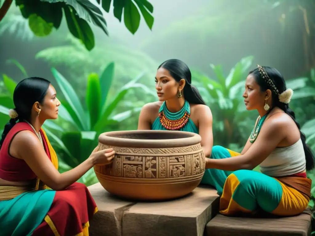 Reunión maya con pozol: tradición y color en 8k Grupo de mujeres mayas en trajes tradicionales disfrutan de una animada conversación alrededor de un gran recipiente de pozol