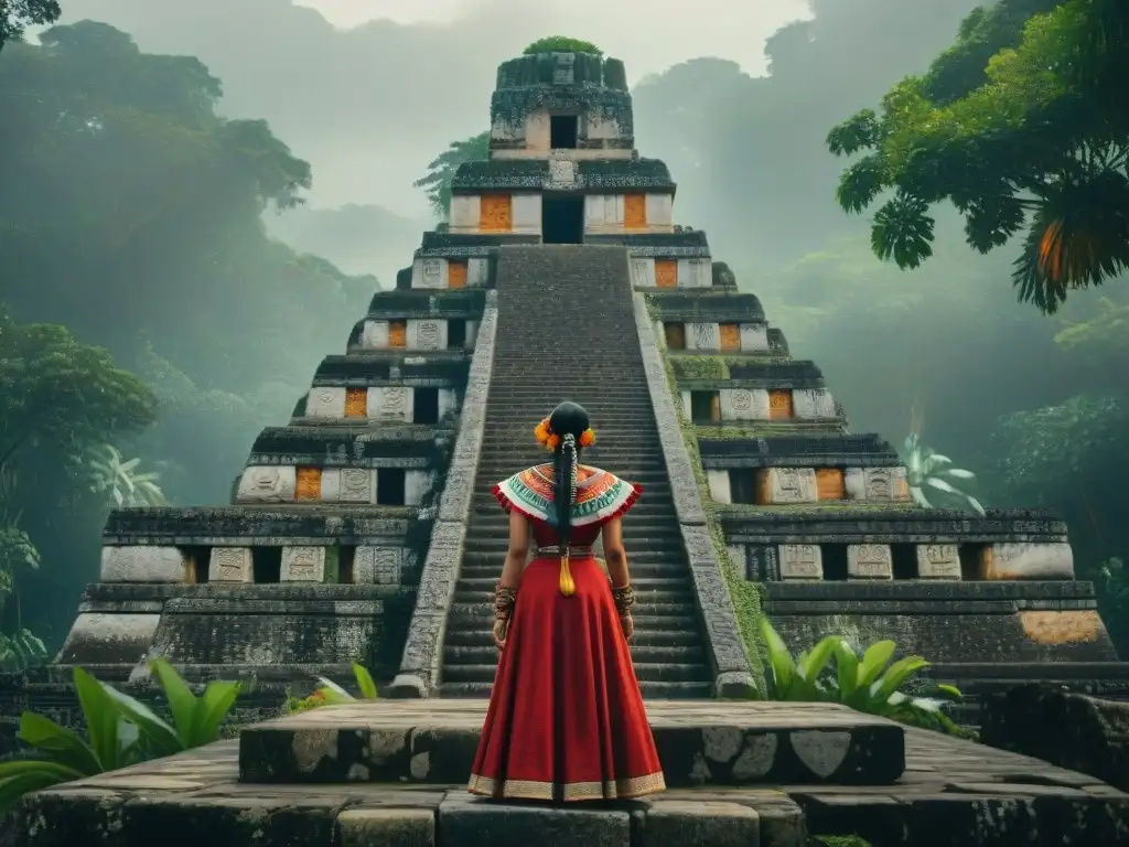 Un grupo de mujeres mayas en trajes tradicionales, examinando símbolos en una estructura de piedra cubierta de tallados, en la selva