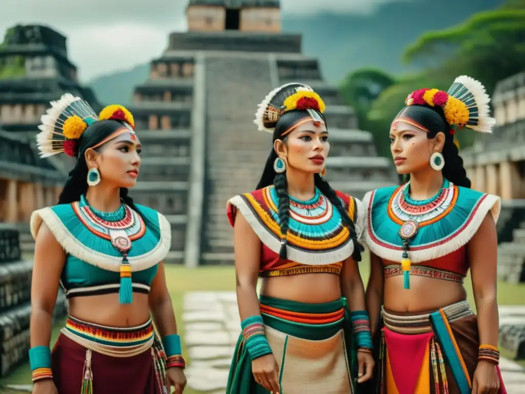 Grupo de mujeres mayas en Vestimenta Femenina en ceremonias mayas, bailando frente a ruinas antiguas