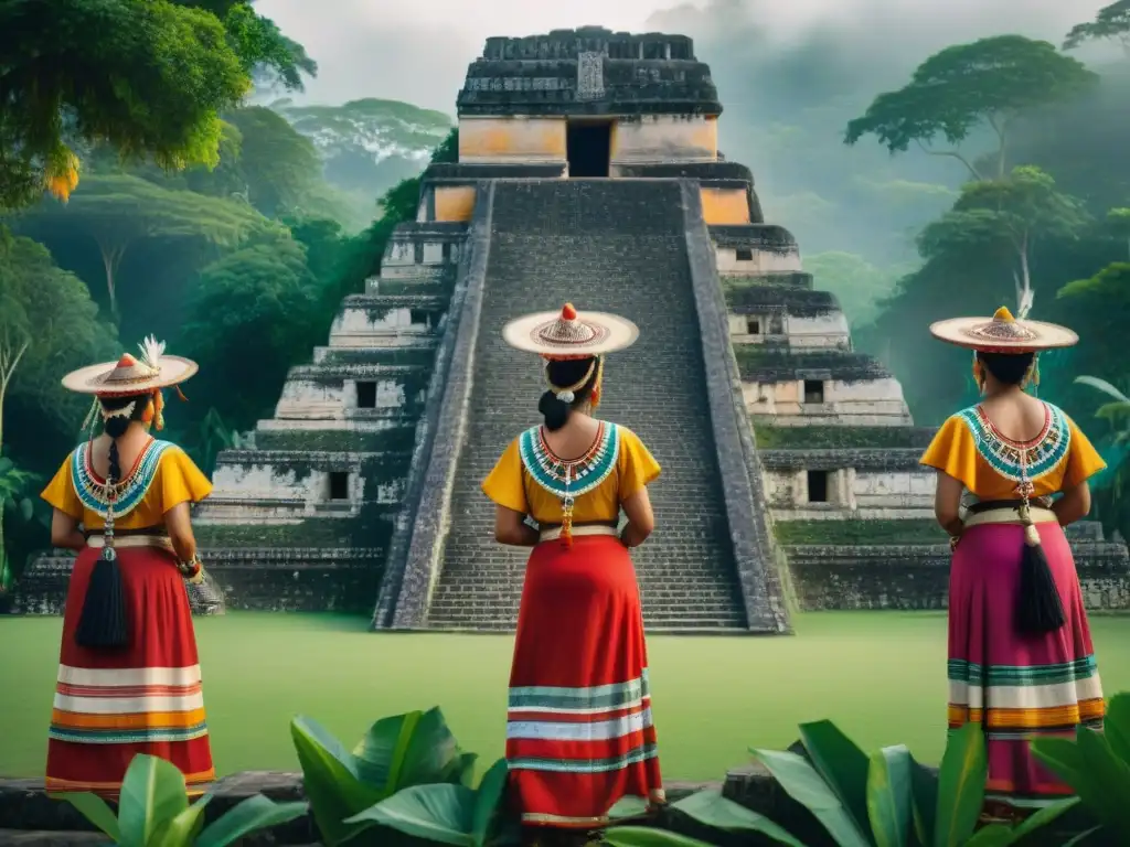 Grupo de mujeres mayas en vestimenta femenina en ceremonias mayas, danzando en ambiente ceremonial sagrado entre ruinas y vegetación exuberante