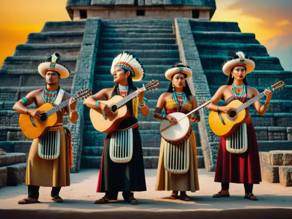 Grupo musical contemporáneo tocando instrumentos musicales mayas tradicionales en un escenario con ruinas mayas al atardecer