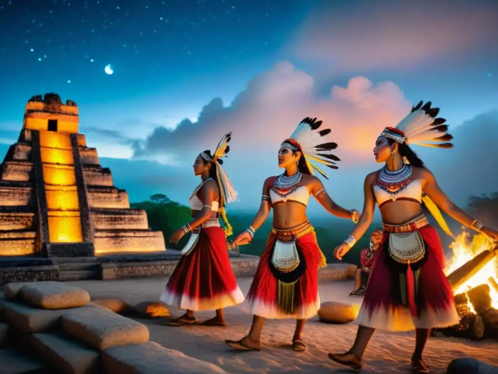 Grupo de músicos y bailarines mayas contemporáneos bajo las estrellas en ruinas mayas, celebrando Música danzas mayas contemporáneas