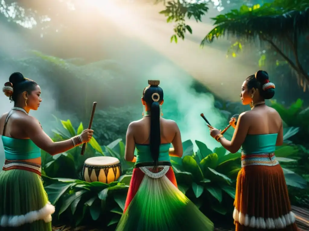 Grupo de músicos y bailarines mayas en ceremonia al amanecer en la selva