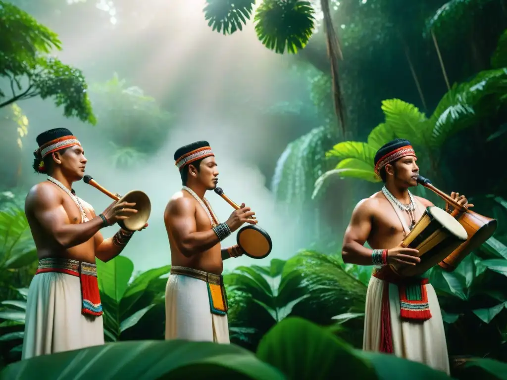 Grupo de músicos y cantantes mayas en la selva, tocando instrumentos antiguos