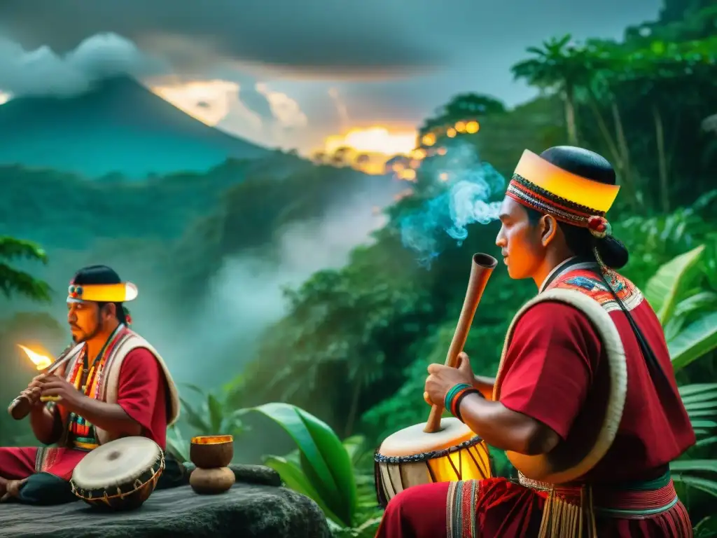 Grupo de músicos mayas tocando instrumentos tradicionales en un retiro espiritual en la selva de Guatemala