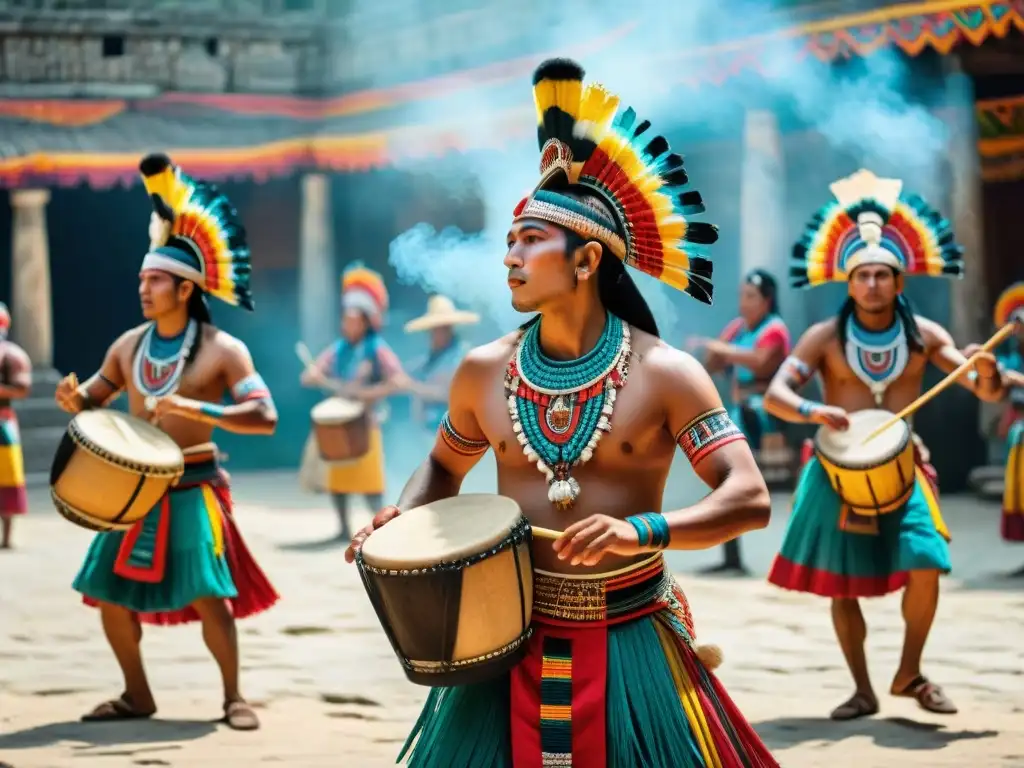 Grupo de músicos mayas tocando instrumentos tradicionales y bailarines en trajes rituales en escenario ceremonial vibrante