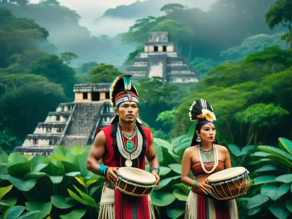 Grupo de músicos mayas tocando instrumentos ancestrales en la selva