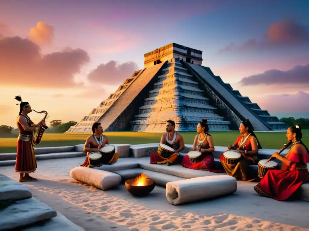 Un grupo de músicos mayas tocando instrumentos tradicionales al atardecer, en un escenario con ruinas antiguas