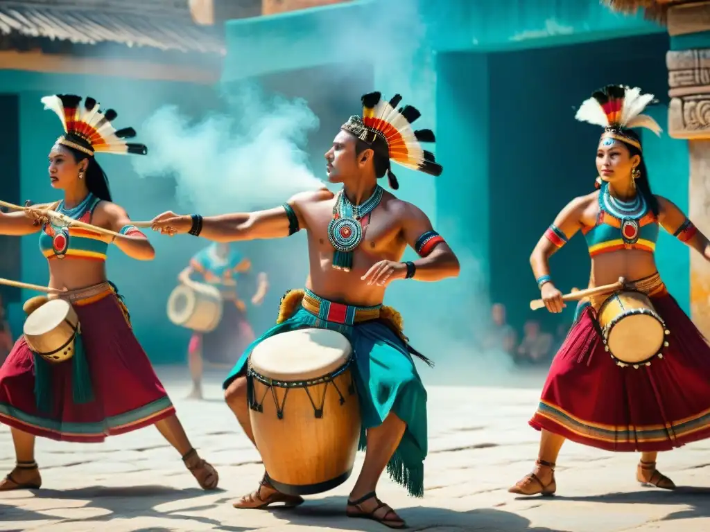 Grupo de músicos mayas tocando instrumentos tradicionales mientras bailarines los rodean con trajes vibrantes