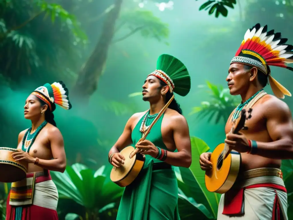 Grupo de músicos mayas tocando instrumentos en la selva, expresando la esencia espiritual de la música y danzas en retiros mayas