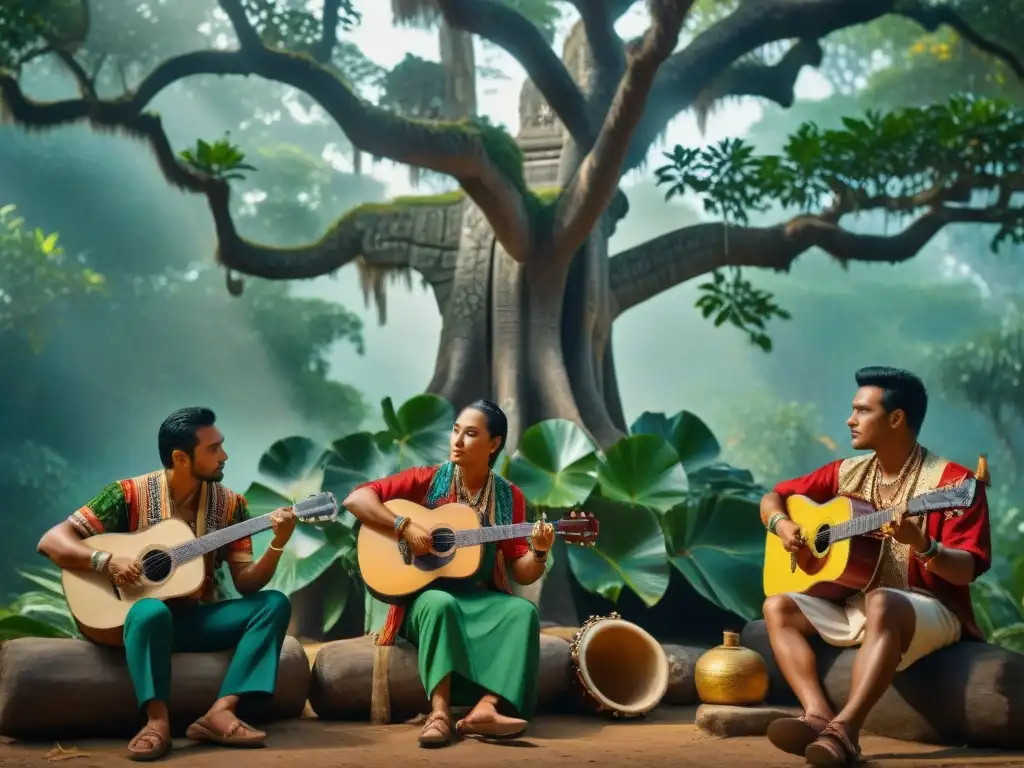 Un grupo de músicos mayas recrea música auténtica bajo un ceiba centenario en la jungla