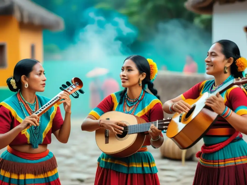 Grupo de músicos mayas tocando en la plaza del pueblo, resaltando la música en la vida cotidiana maya