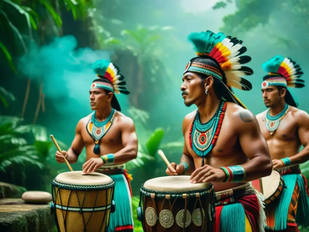 Grupo de músicos mayas tocando rituales percusivos en la selva, destacando la importancia de la percusión en la cultura maya