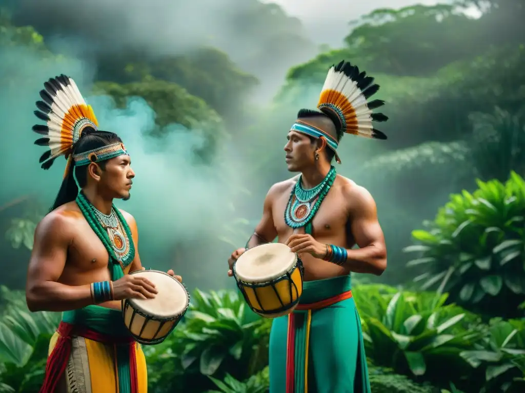 Grupo de músicos mayas en trajes tradicionales tocando instrumentos musicales durante una ceremonia en la selva