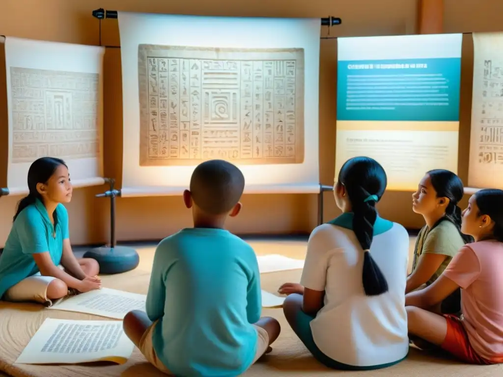 Un grupo de niños concentrados copia glifos mayas en papel pergamino durante un taller educativo