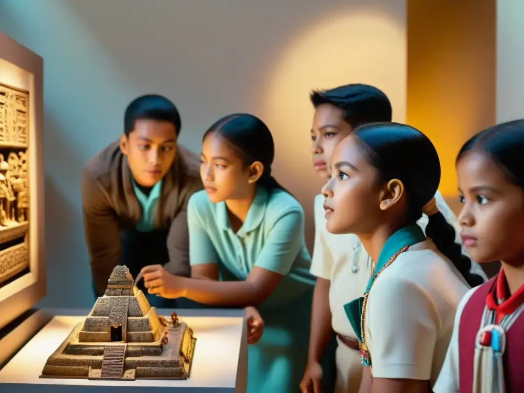 Grupo de niños en educación cultural con réplicas mayas, fascinados en museo interactivo