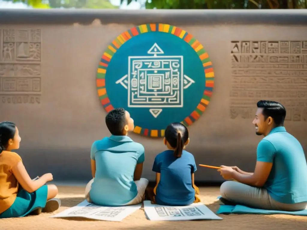 Un grupo de niños aprende escritura maya al aire libre con la ayuda de un experto en cultura maya en un día soleado y lleno de color