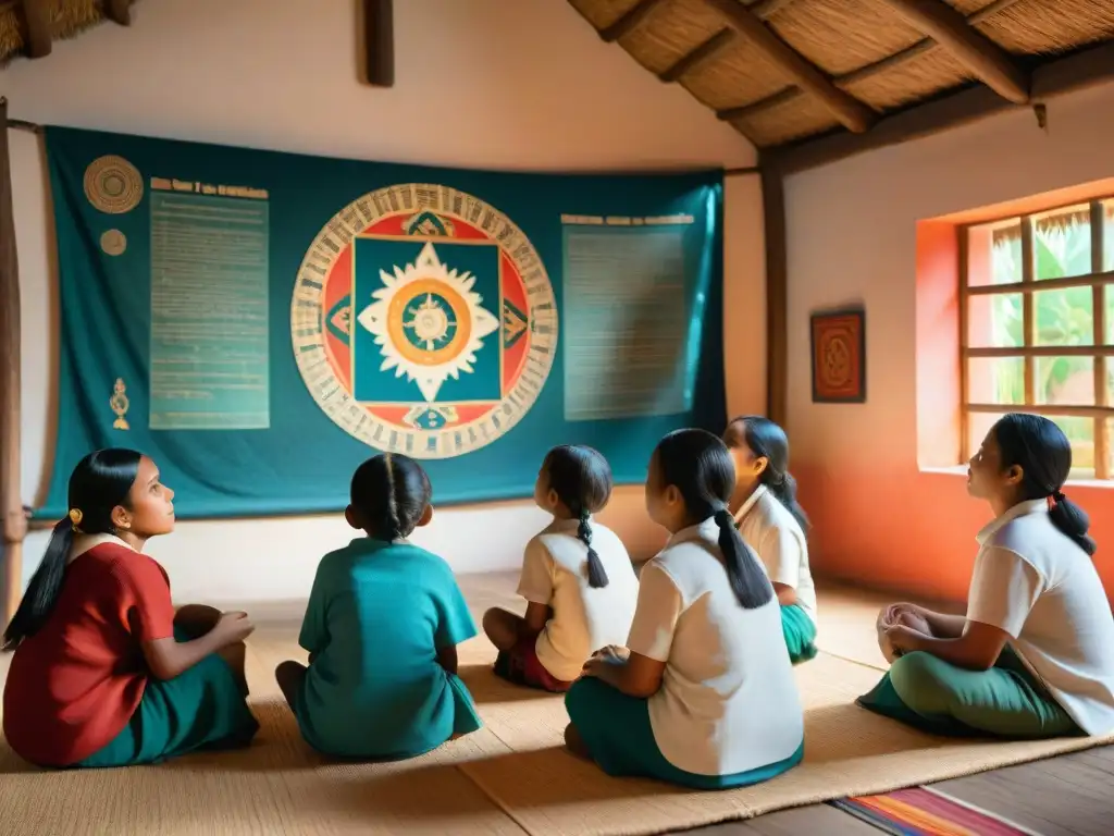 Grupo de niños mayas escuchando a un anciano en aula tradicional, enseñanzas de astronomía maya en educación