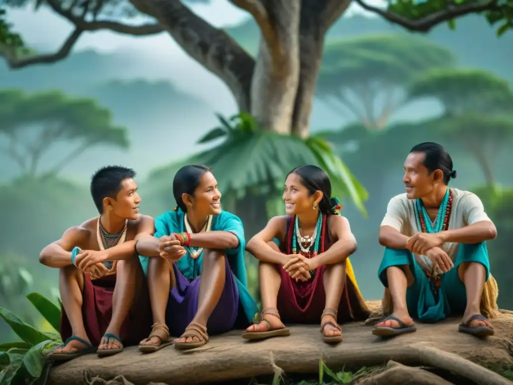 Grupo de niños mayas y anciano sabio discuten bajo un árbol en una comunidad rural, reflejando la educación en comunidades mayas preservación