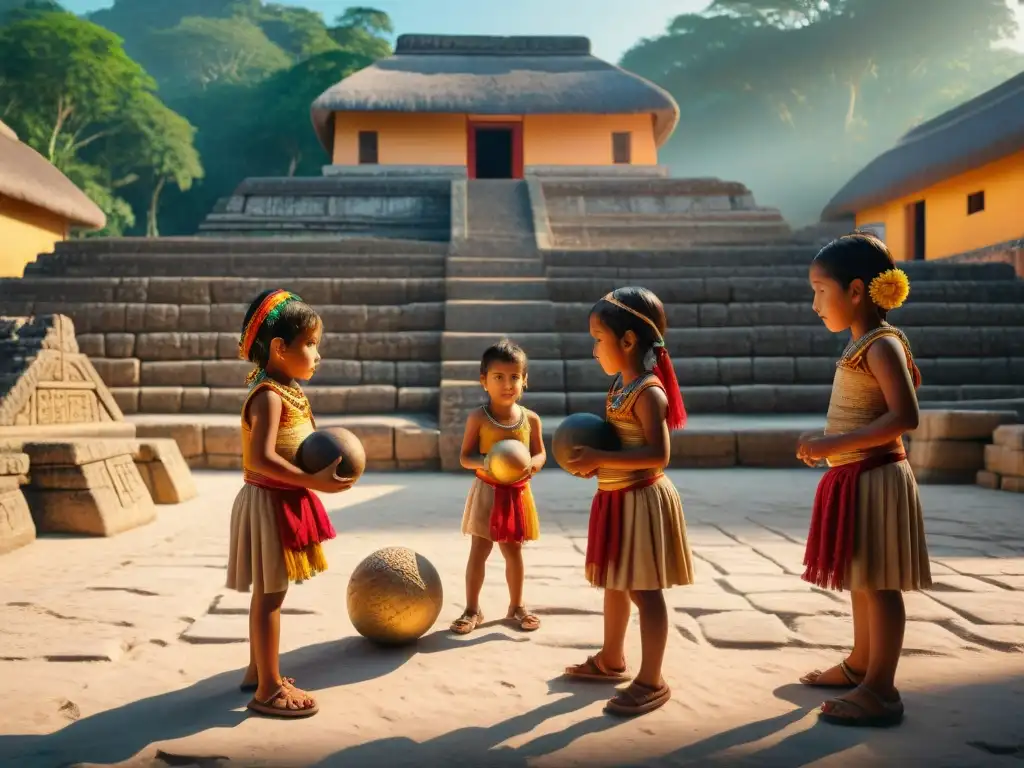 Un grupo de niños mayas juega en una antigua cancha de piedra con textiles y tocados vibrantes