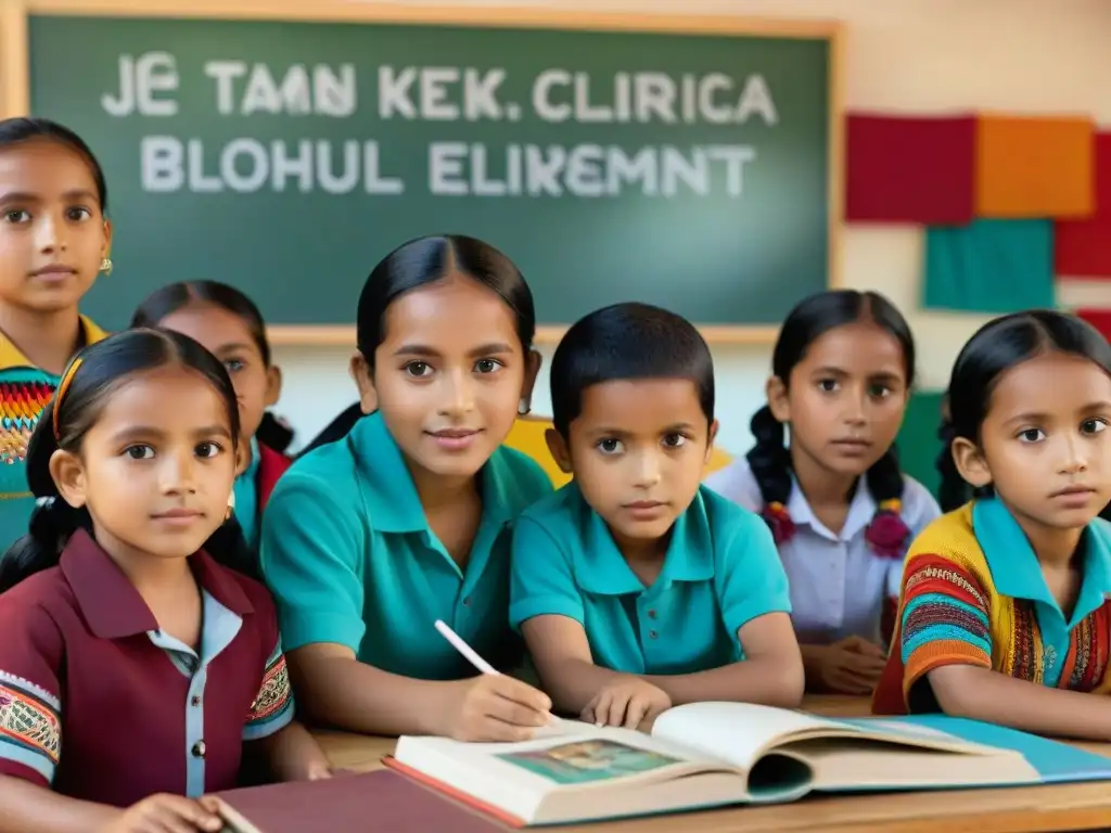 Grupo de niños mayas participando en clase bilingüe con materiales educativos en lenguas mayas