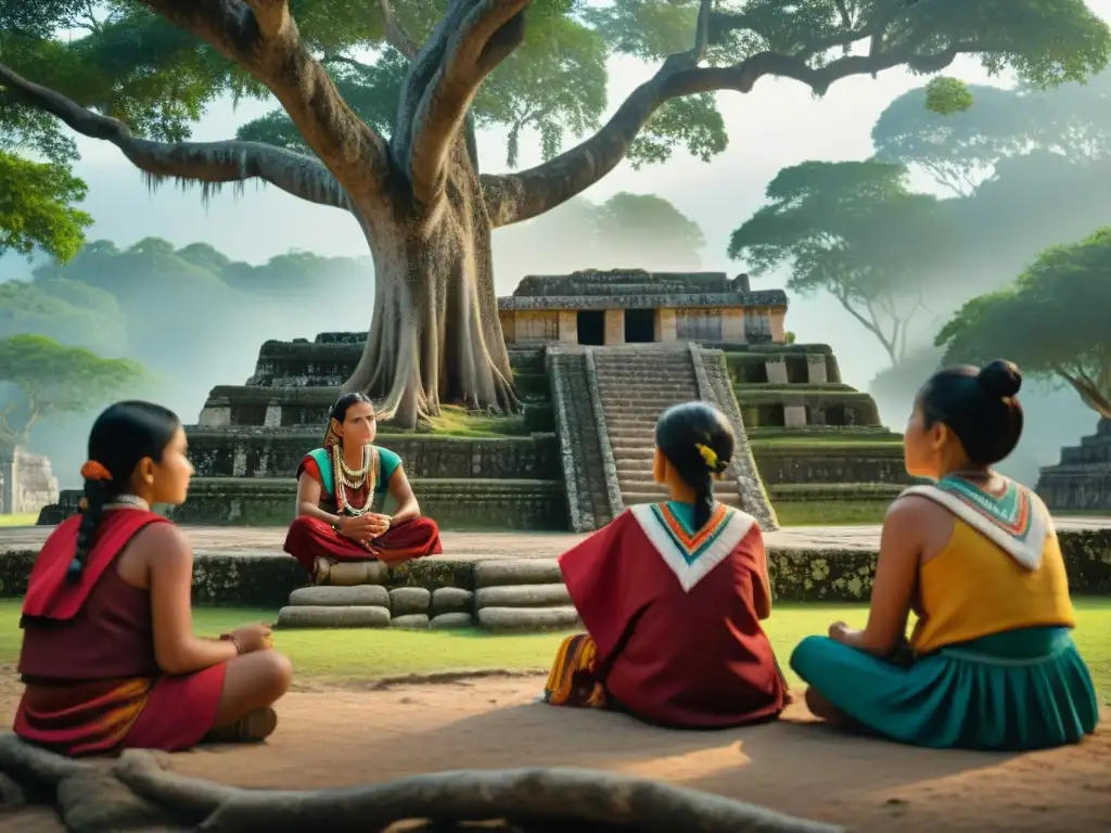 Un grupo de niños mayas escuchando cuentos bajo un ceiba