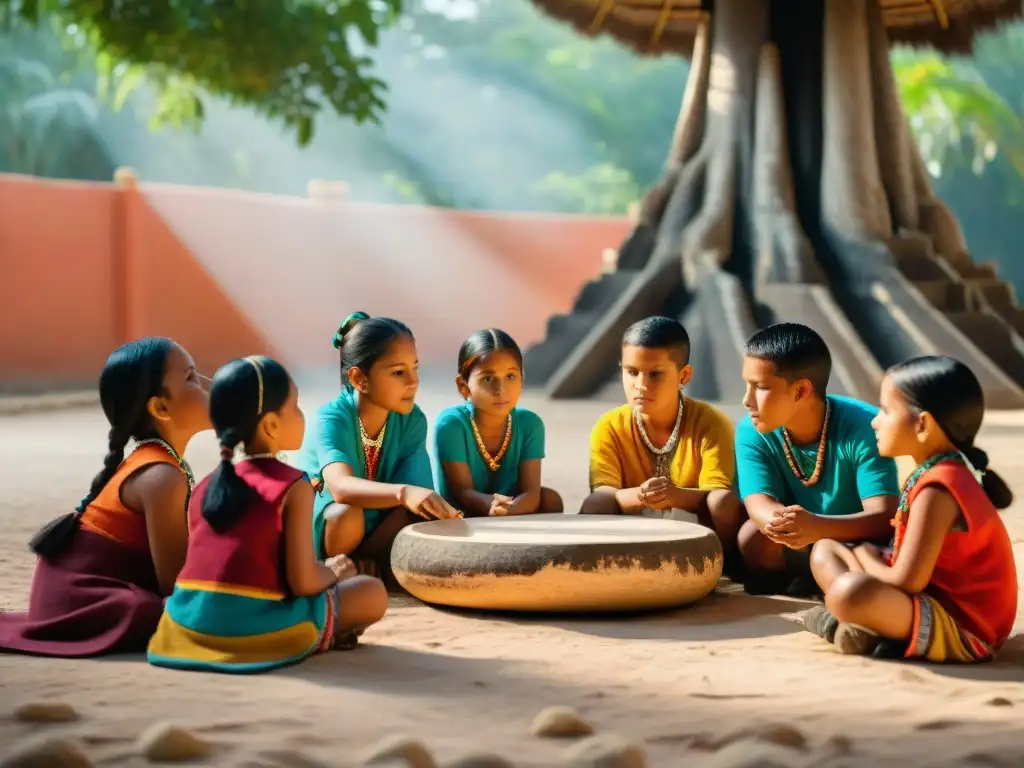 Un grupo de niños mayas aprendiendo de su cultura bajo un árbol con material didáctico