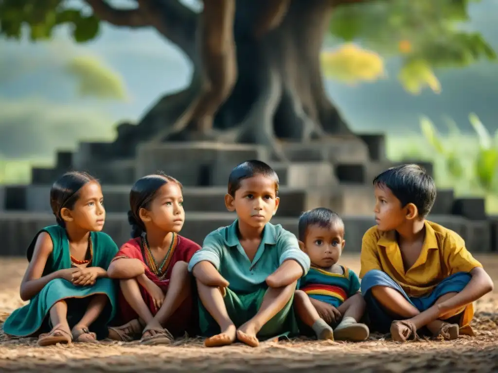 Grupo de niños mayas escuchando historias de su herencia cultural bajo un árbol, reflejando la dualidad entre inocencia y conflictos