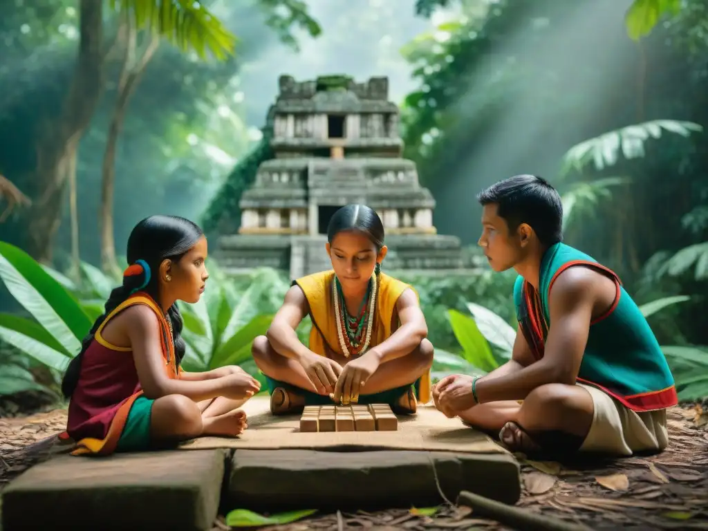 Un grupo de niños mayas inmersos en juegos educativos, rodeados de naturaleza exuberante y cultura ancestral