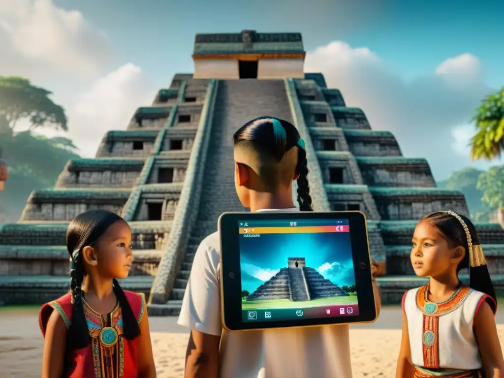 Grupo de niños mayas interactúan con videojuego educativo sobre civilización maya en plaza virtual detallada y vibrante