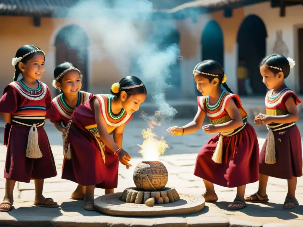 Grupo de niños mayas en juego de pokatok en patio soleado con grabados de piedra