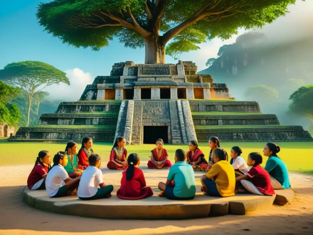 Grupo de niños mayas escuchando a su maestro bajo un árbol en ruinas antiguas