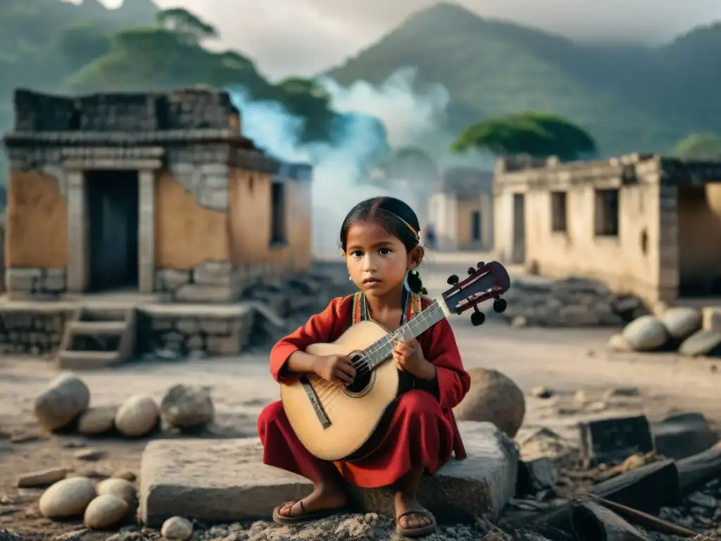 Un grupo de niños mayas juega solemnemente entre ruinas de un pueblo en conflicto, reflejando inocencia y resiliencia