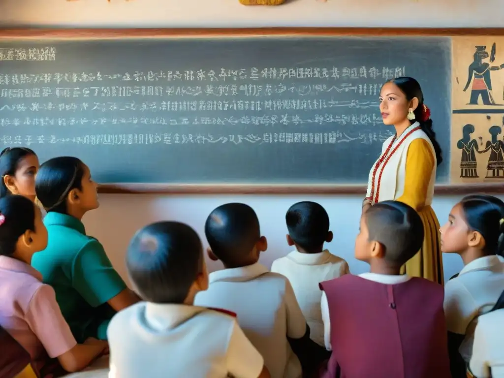 Grupo de niños escuchando a sabio maya con material didáctico cultura maya educación