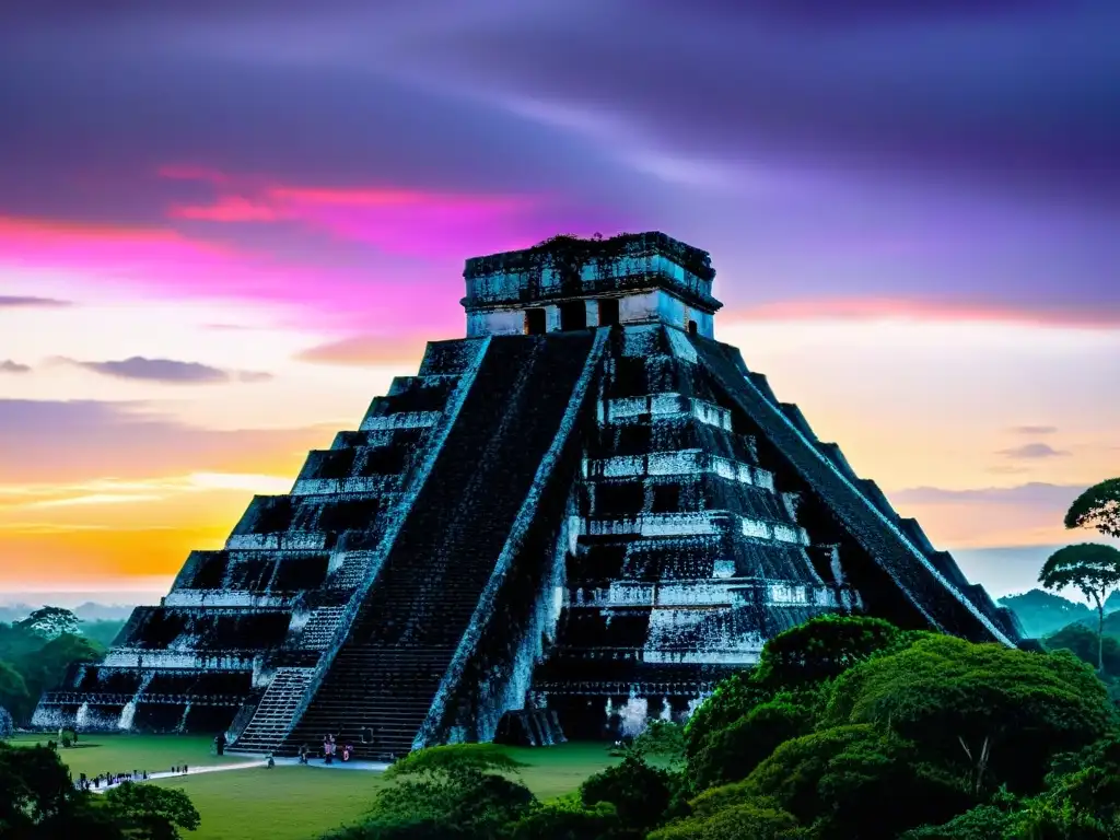 Grupo de peregrinos observando el amanecer en Tikal, en medio de ruinas mayas, reflejando turismo cultural en Tikal