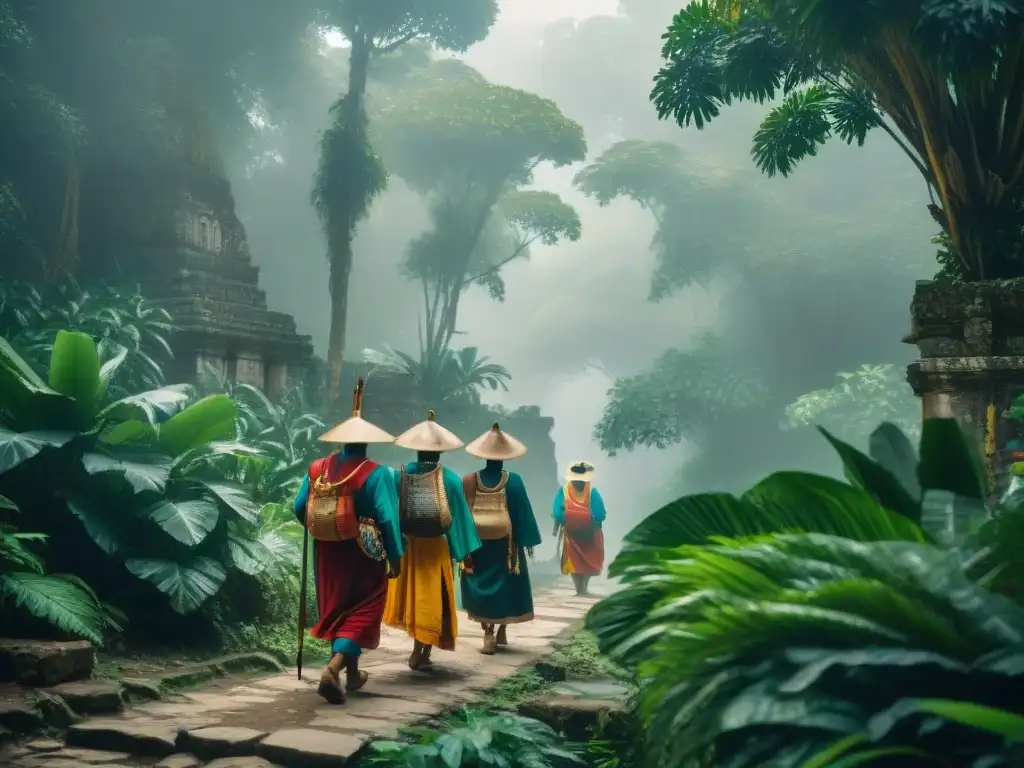 Grupo de peregrinos mayas caminando por la selva con ruinas antiguas al fondo