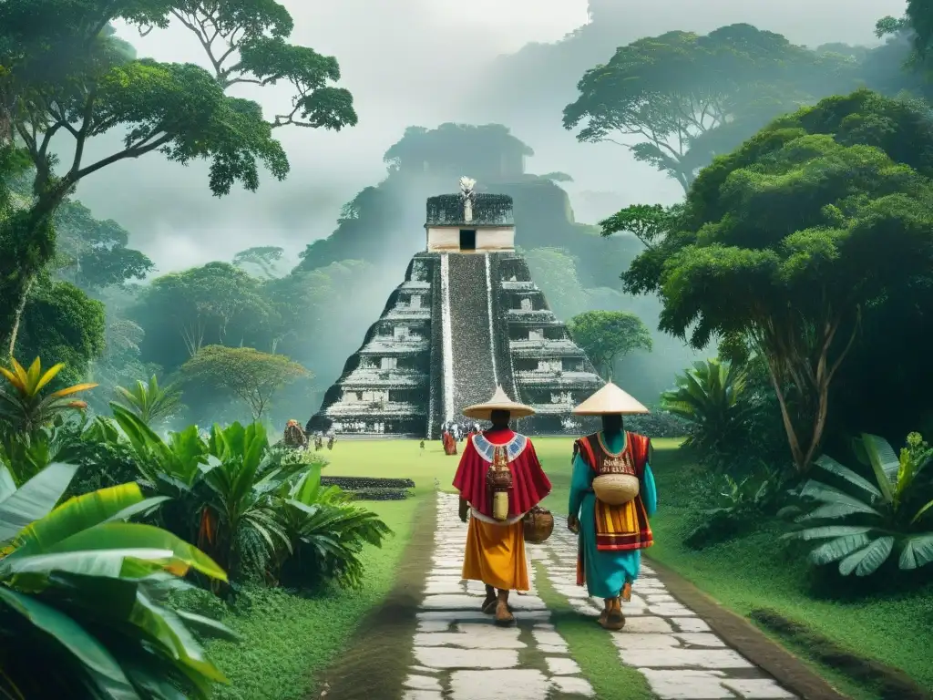 Un grupo de peregrinos mayas camina hacia un templo sagrado en la selva