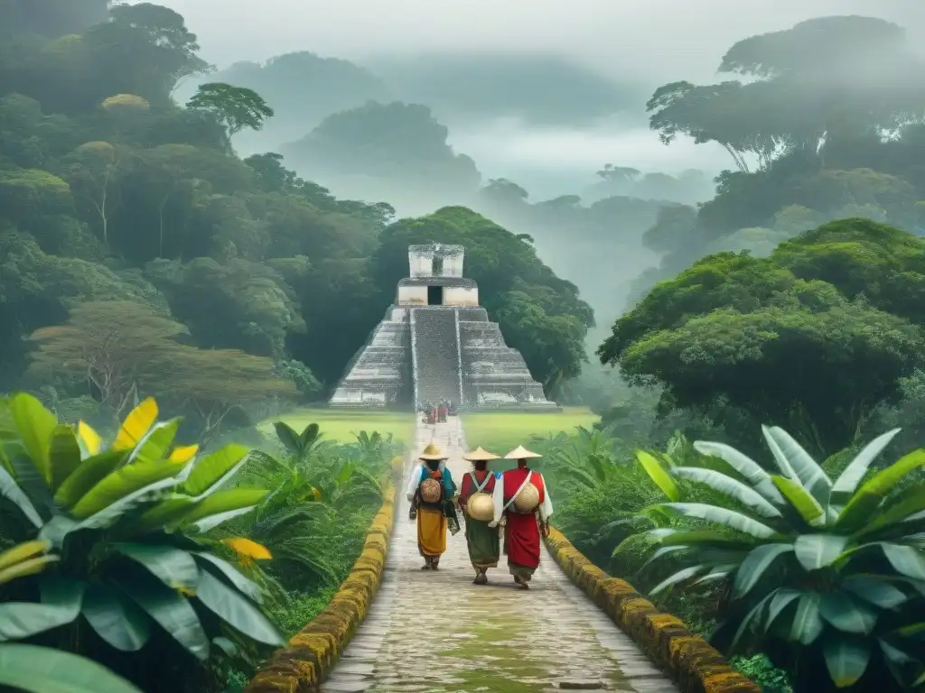 Un grupo de peregrinos modernos camina en un sendero forestal en la región Maya, con ofrendas y bastones