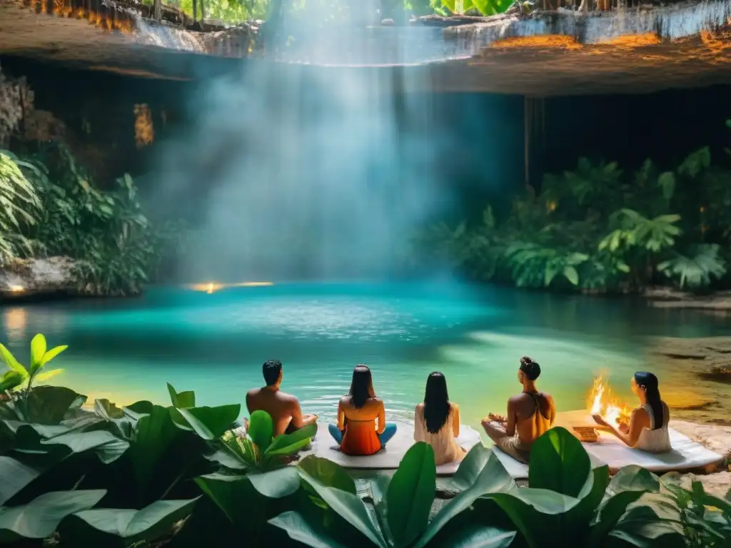 Un grupo en un ritual de purificación maya en un cenote sagrado, rodeados de jungla y ruinas antiguas