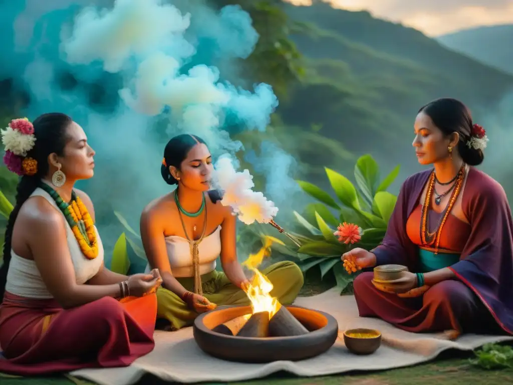 Un grupo participa en un ritual maya entre la exuberante vegetación y flores vibrantes