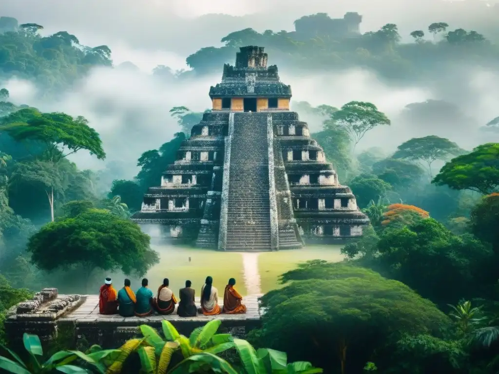 Un grupo de sabios mayas estudian antiguos patrones climáticos en una ciudad envuelta en niebla