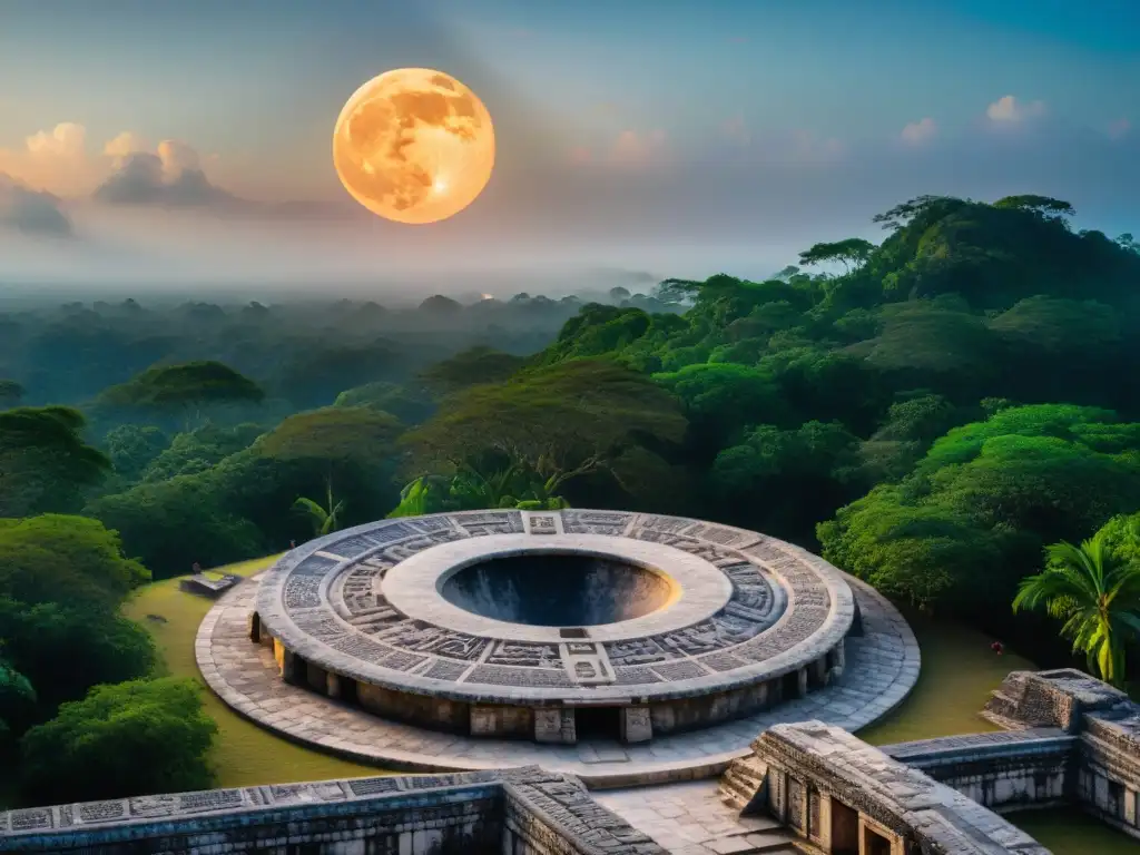 Un grupo de sabios mayas estudia el eclipse, mostrando el simbolismo astronómico de su cultura en un observatorio detallado