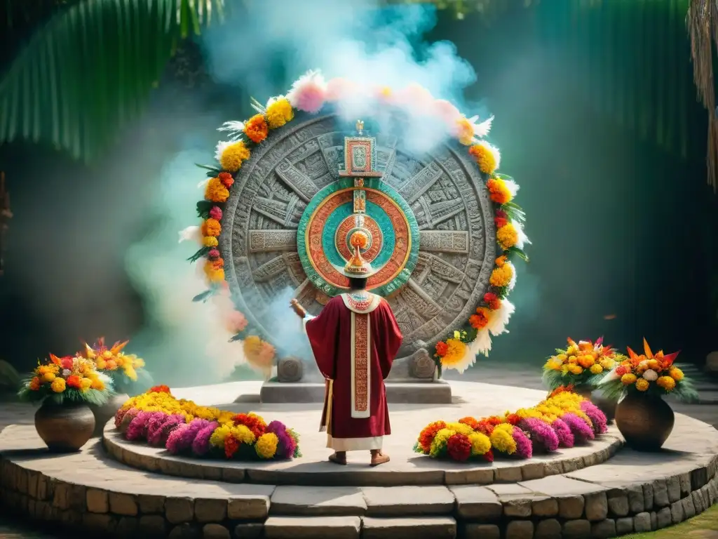 Grupo de sacerdotes Mayas con atuendos ceremoniales, altar de ofrendas a Quetzalcóatl en la selva