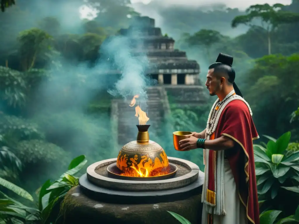 Grupo de sacerdotes mayas en ritual con chicha