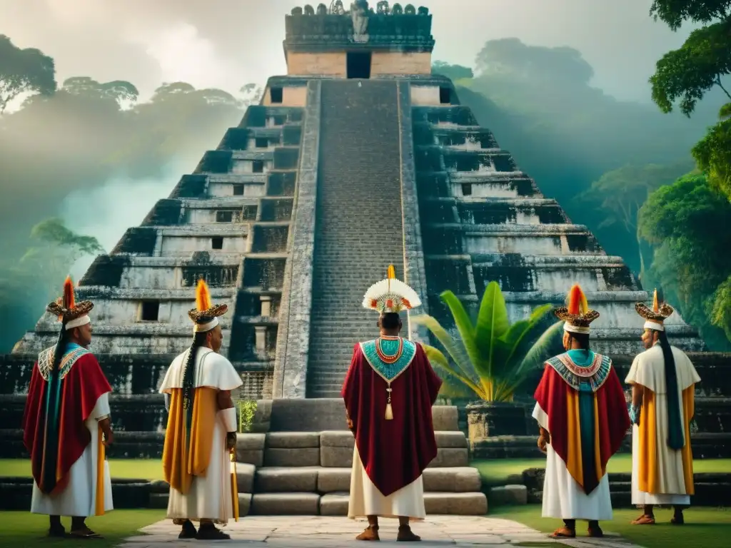 Grupo de sacerdotes mayas en ritual sagrado, adornados con atuendos tradicionales y joyas, en la base de una pirámide antigua