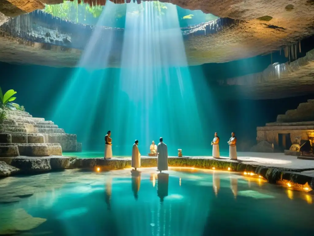 Grupo de sacerdotes mayas en ritual de purificación en cenote, bajo la luz del sol filtrándose