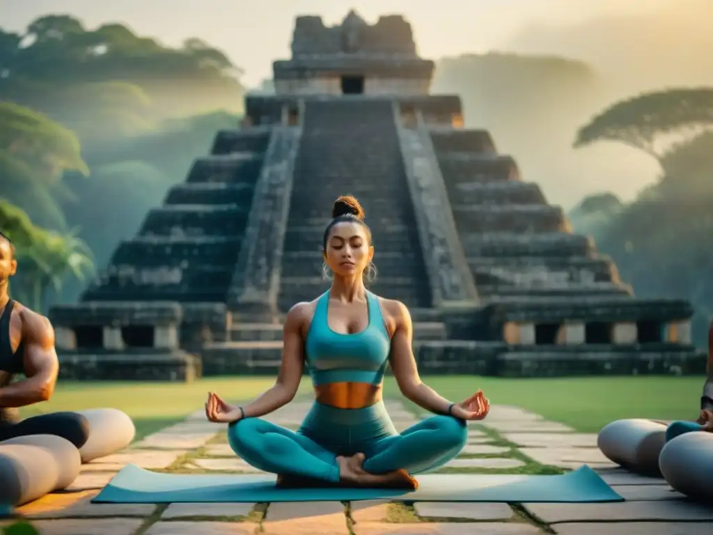 Yoga al amanecer en templo maya: conexión ancestral Grupo en silueta practica yoga al amanecer en ruinas mayas con luz dorada, evocando prácticas de yoga maya ancestrales